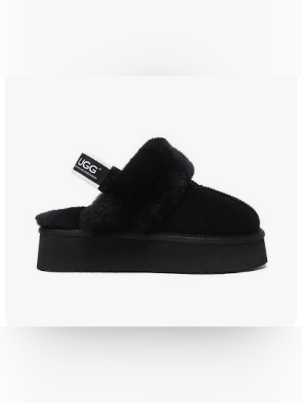 Very Good UGG Black Platform Fur Slide with Branded Heel Strap Sz 8